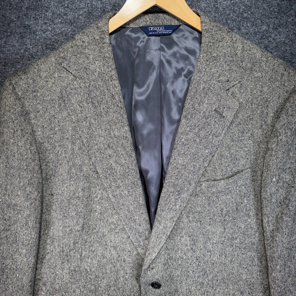 Polo Ralph Lauren Tweed Blazer Mens 46 Regular Grey Wool Silk Vintage USA Made
